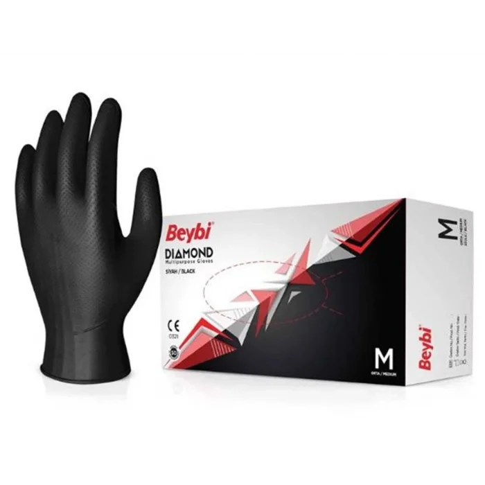 Beybi Diamond M Beden Pudrasız Kalın Siyah Nitril Eldiven Medium (Kutuda 100 Adet)