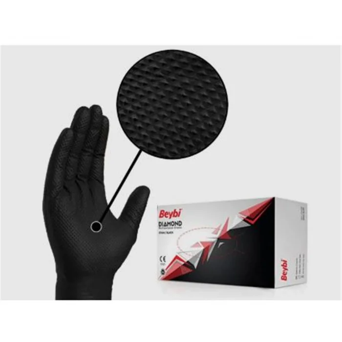 Beybi Diamond Xl Pudrasız Kalın Siyah Nitril Eldiven XL (Kutuda 100 Adet)