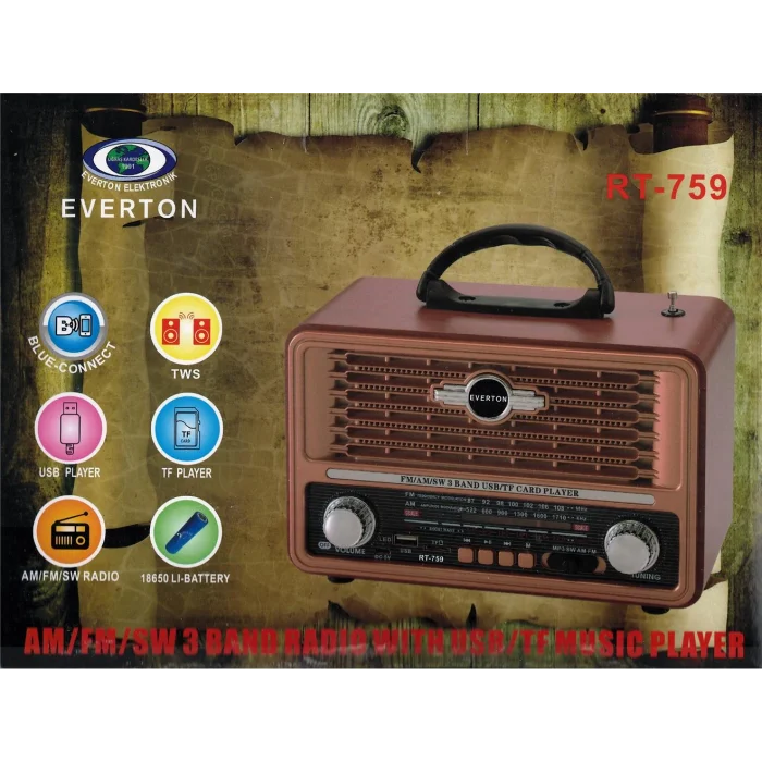 Everton Rt-759  Bluetooth Fm-Usb-Tf-Aux Solarlı  Şarjlı Nostaljik Radyo