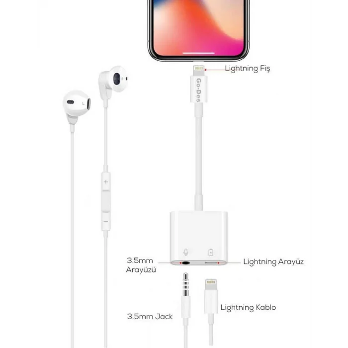 Go Des GD-OR881 Lightning Şarj ve Ses Adaptörü