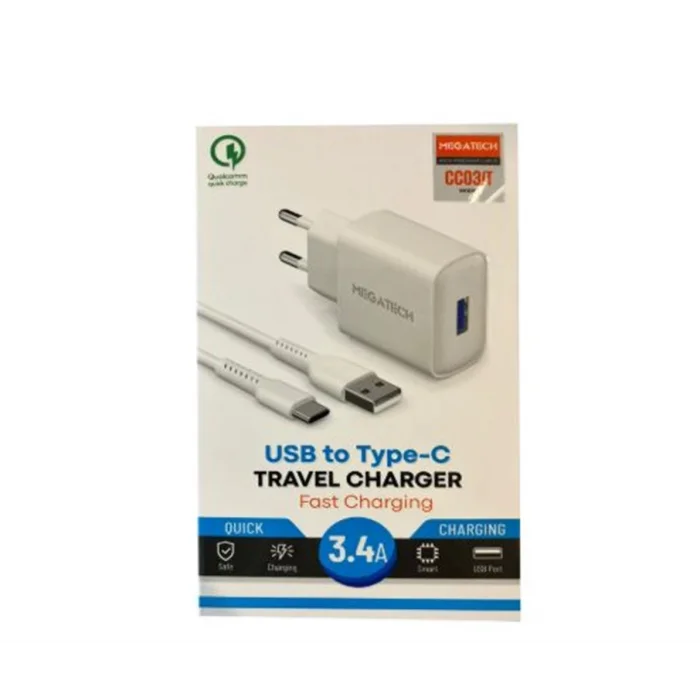 Megatech CC-03 (MT-Ct34 )3.4A Type-C Usb Kablo+ Ev Şarj Adaptör Hızlı Şarj