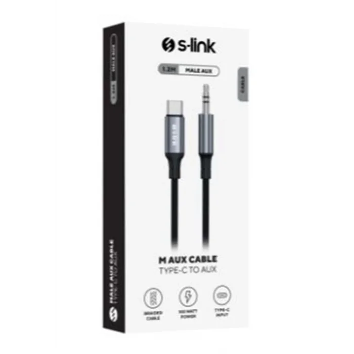 S-link Armor MC-01 1.2m Type-C to M AUX Örgülü Metal Başlıklı Siyah Ses Kablosu
