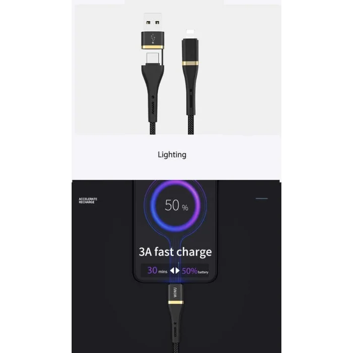 Wiwu ED-105 2 in 1 USB A- Type-C to Lightning Elite Data Kablo
