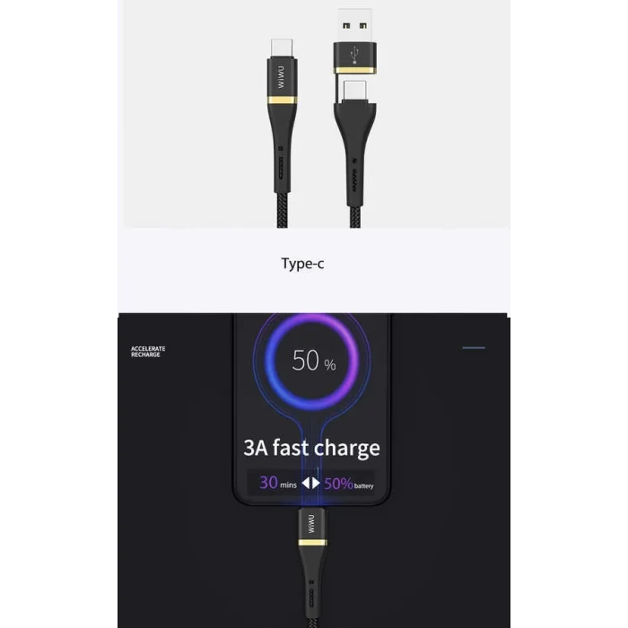 Wiwu ED-106 2 in 1 USB A- Type-C to Type-C Elite Data Kablo