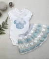 1-2-3 Yaş Payetli Mickey Nakışlı Kısa Kollu Brode Etekli 2li Kız Bebek Takımı Turkuaz