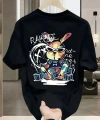 Biçomi Baskılı Oversize Bisiklet Yaka T-shirt - Siyah