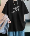 Biçomi Baskılı Oversize Bisiklet Yaka T-shirt - Siyah