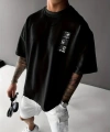 Biçomi Baskılı Oversize Bisiklet Yaka T-shirt - Siyah