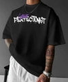 Biçomi Baskılı Oversize Bisiklet Yaka T-shirt - Siyah