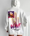 Biçomi Baskılı Üç İplik Kapüşonlu Oversize Sweatshirt - Beyaz