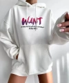 Biçomi Baskılı Üç İplik Kapüşonlu Oversize Sweatshirt - Beyaz