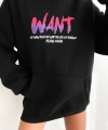 Biçomi Baskılı Üç İplik Kapüşonlu Oversize Sweatshirt - Siyah