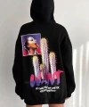 Biçomi Baskılı Üç İplik Kapüşonlu Oversize Sweatshirt - Siyah