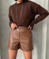 BİÇOMİ Beli lastikli çıtçıtlı deri şort kahve w241007