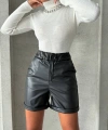 BİÇOMİ Beli lastikli duble paça deri şort siyah w24755