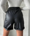 BİÇOMİ Beli lastikli duble paça deri şort siyah w24755