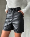 BİÇOMİ Beli lastikli duble paça deri şort siyah w24755