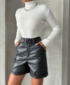 BİÇOMİ Beli lastikli duble paça deri şort siyah w24755