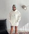Biçomi Kapşonlu Üç İplik Penye Basic SweatShirt - Beyaz