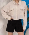 BİÇOMİ Kemer cepli keten crop gömlek krem s255350