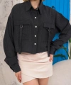BİÇOMİ Kemer cepli keten crop gömlek siyah s255350