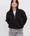Biçomi Oversize Yarım Farmuarlı Yakalı Basic SweatShirt - Siyah