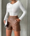 BİÇOMİ Parçalı cepli deri şort taba w26312