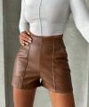 BİÇOMİ Parçalı cepli deri şort taba w26312