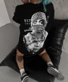 Biçomi Unisex Baskılı Oversize T-Shirt - Siyah