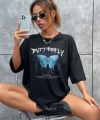 Biçomi Unisex Baskılı Oversize T-Shirt - Siyah