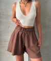 BİÇOMİ Volanlı keten şort kahve s255058