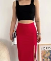 BİÇOMİ Yırtmaçlı esnek kumaş midi boy etek koyu kırmızı