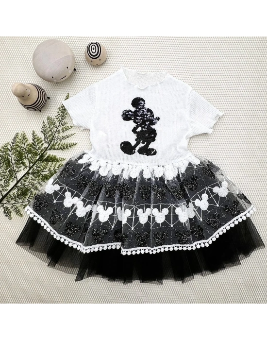 1-2-3 Yaş Payetli Mickey Baskılı Brode Etekli Kız Bebek Elbisesi Siyah