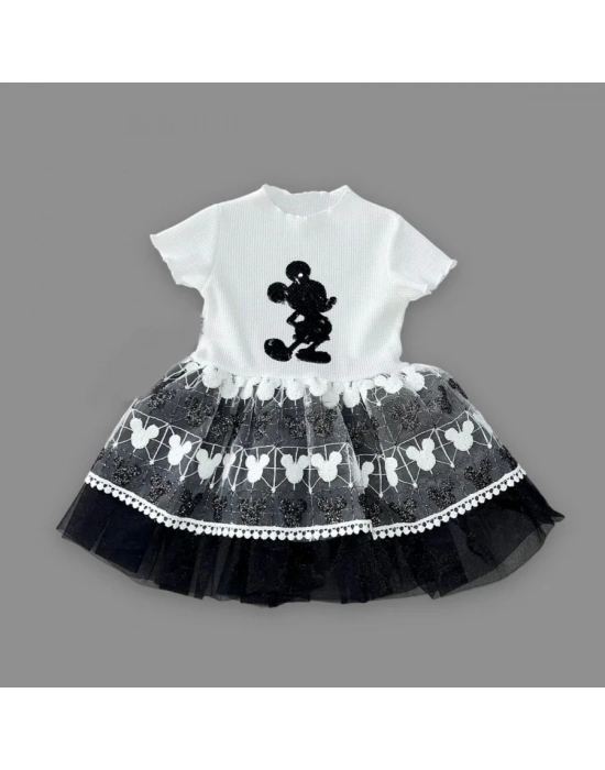 1-2-3 Yaş Payetli Mickey Baskılı Brode Etekli Kız Bebek Elbisesi Siyah