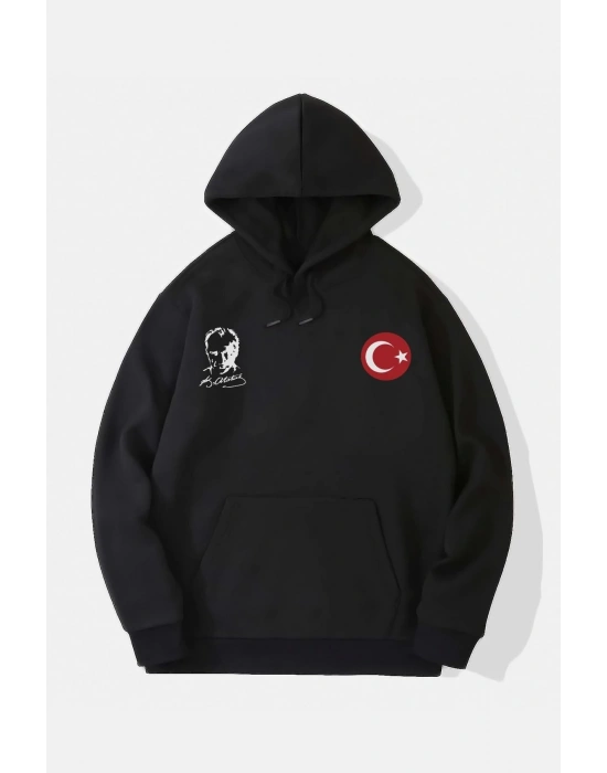 10 Kasıma Özel Üç İplik Kapüşonlu Baskılı SweatShirt - Siyah -