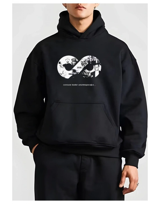 10 Kasıma Özel Üç İplik Kapüşonlu Baskılı SweatShirt - Siyah -