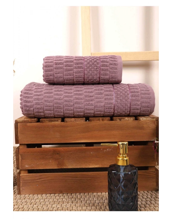 2 Parça Banyo Havlu Takımı %100 Pamuklu Çubuk Desen Mor