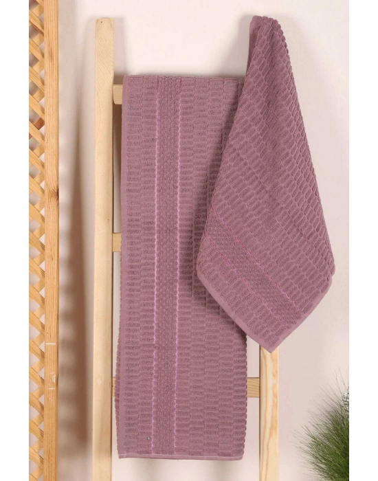 2 Parça Banyo Havlu Takımı %100 Pamuklu Çubuk Desen Mor