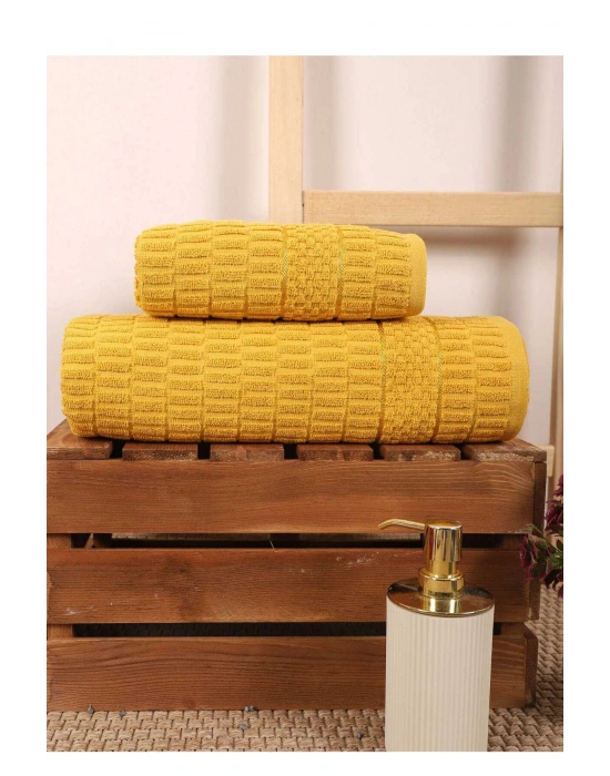 2 Parça Banyo Havlu Takımı %100 Pamuklu Çubuk Desen Sarı