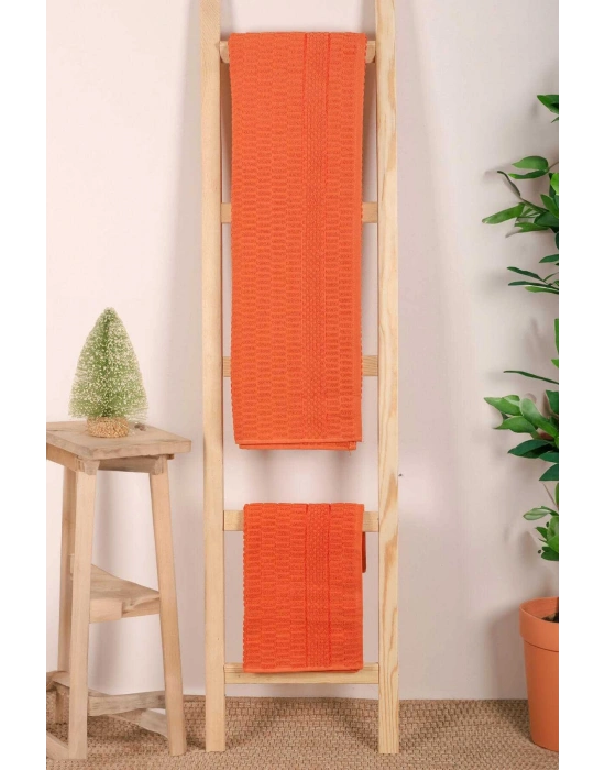 2 Parça Banyo Havlu Takımı %100 Pamuklu Çubuk Desen Turuncu