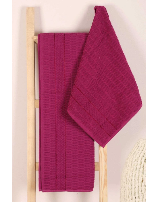 2 Parça Banyo Havlu Takımı %100 Pamuklu Çubuk Desen Vişne