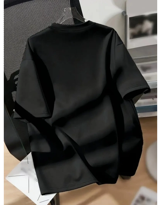 20/1 Penye Compack Ayı Baskılı Oversize Bisiklet Yaka Kısa Kol T-shirt - Siyah -