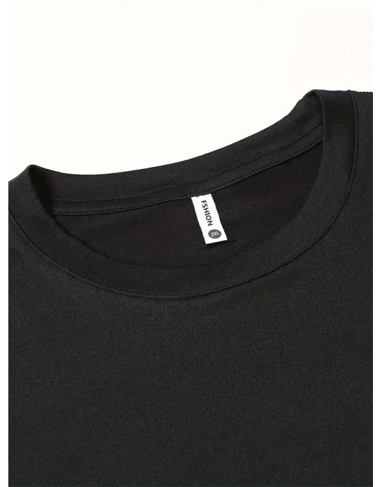 20/1 Penye Compack Baskılı Oversize Bisiklet Yaka Kısa Kol T-shirt - Siyah -