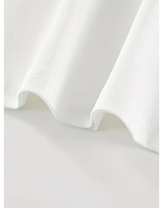 20/1 Penye Compack Baskılı Oversize Kısa Kol Bisiklet Yaka T-shirt - Beyaz -