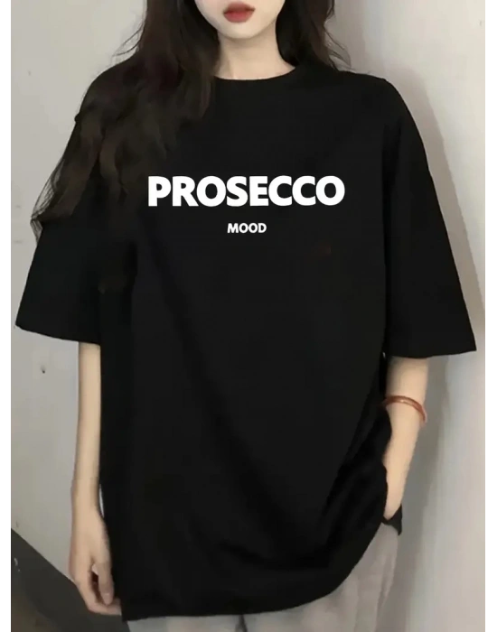 20/1 Penye Compack Baskılı Oversize Kısa Kol Bisiklet Yaka T-shirt - Siyah -