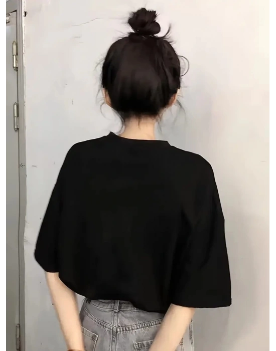 20/1 Penye Compack Baskılı Oversize Kısa Kol Bisiklet Yaka T-shirt - Siyah -