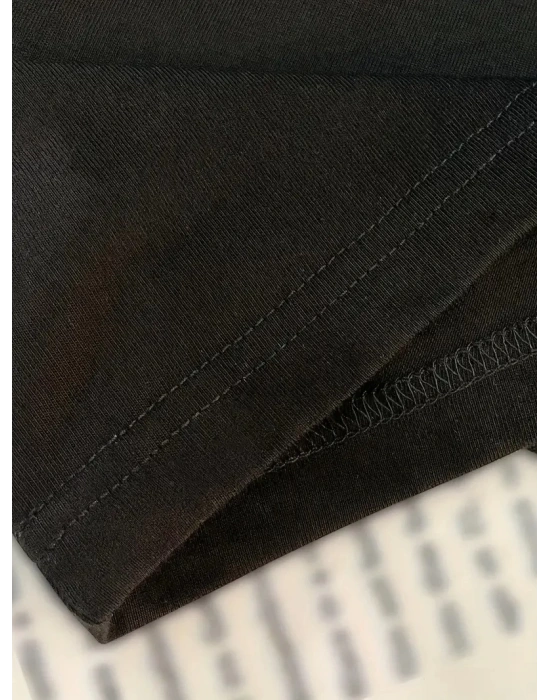 20/1 Penye Compack Baskılı Oversize Kısa Kol Bisiklet Yaka T-shirt - Siyah -