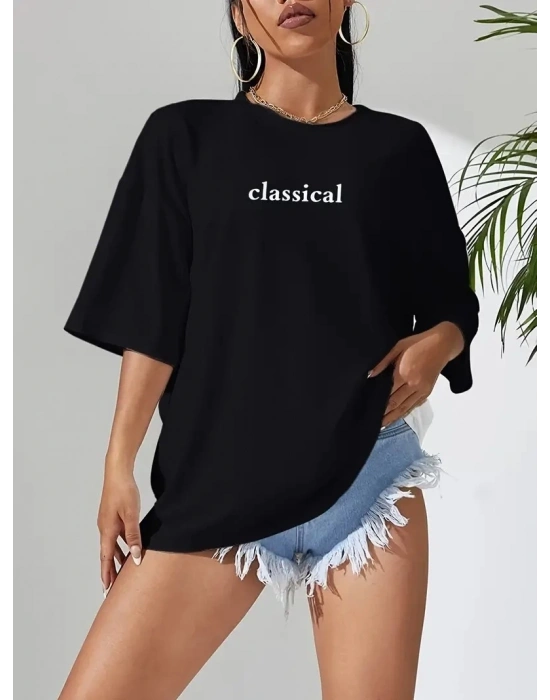 20/1 Penye Compack Classical Baskılı Siyah Oversize Tişort - Siyah -