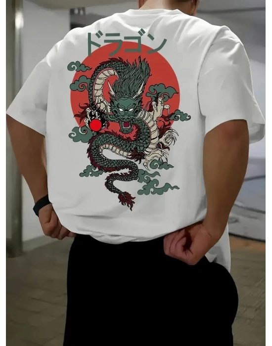 20/1 Penye Compack Ön Arka Ejder Baskılı Oversize Bisiklet Yaka T-shirt - Beyaz -