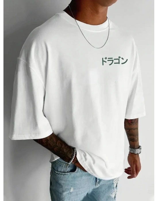 20/1 Penye Compack Ön Arka Ejder Baskılı Oversize Bisiklet Yaka T-shirt - Beyaz -